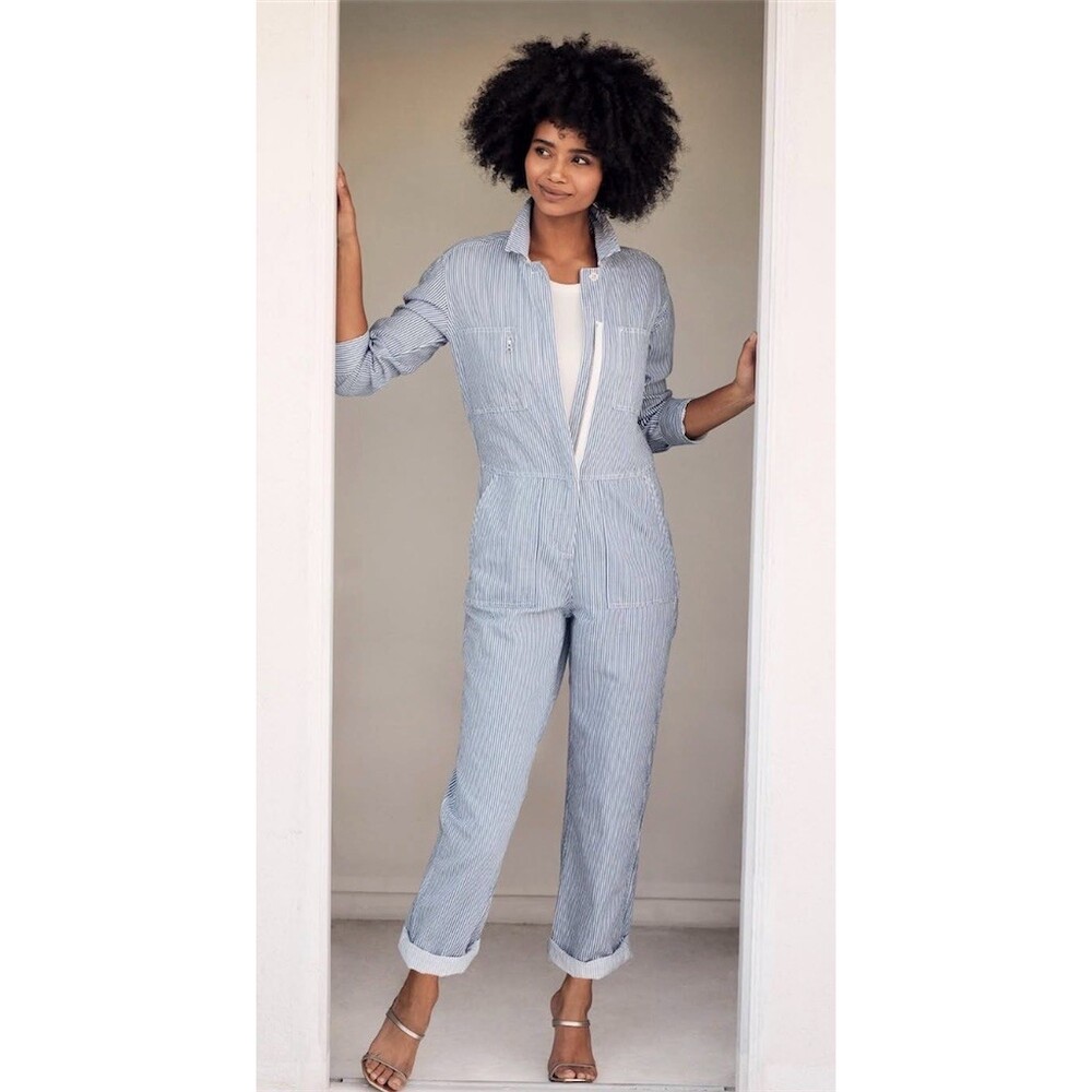 Outerknown Coverall Jumpsuit Womens Blue & White Striped Zip Front Linen Blend